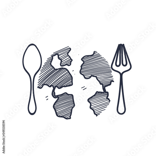 hand drawn doodle fork and spoon with globe illustration vector