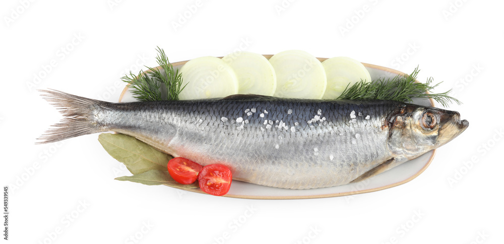 Plate with salted herring, onion rings, cherry tomato, bay leaves and dill isolated on white, top view Plate with salted herring, onion rings, cherry tomato, bay leaves and dill isolated on white, top view