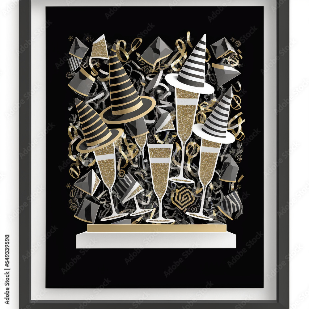 Fototapeta premium Layered Paper Cut Illustration of a New Year's Eve Party Celebration with Drinks, Hats, and Confetti in Black and Gold