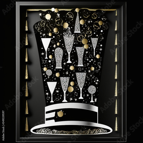 Layered Paper Cut Illustration of a New Year's Eve Party Celebration with Drinks, Hats, and Confetti in Black and Gold