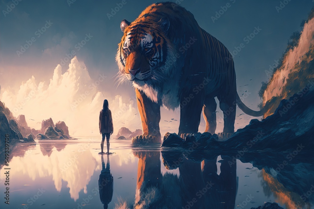 A man standing alone facing the giant tiger. illustration art Stock  Illustration