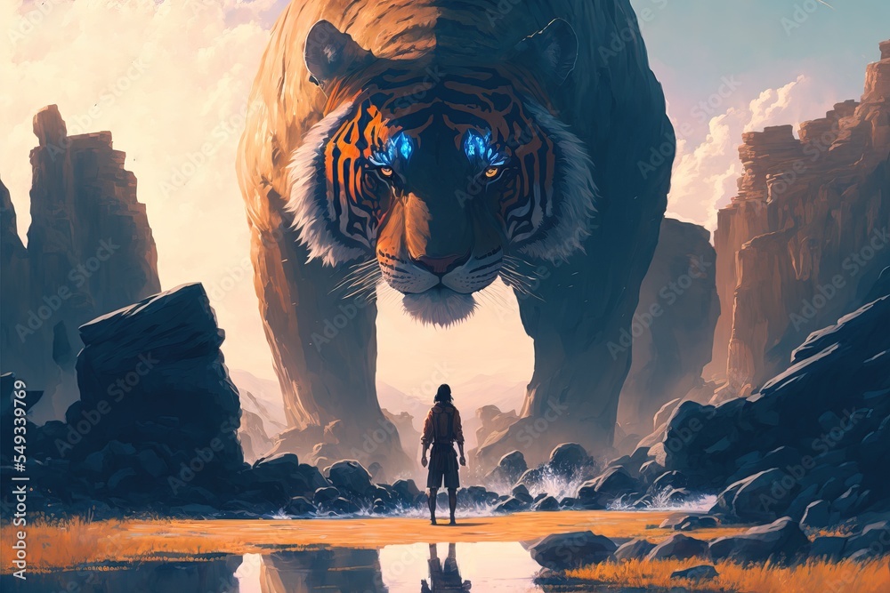 A man standing alone facing the giant tiger. illustration art Stock  Illustration