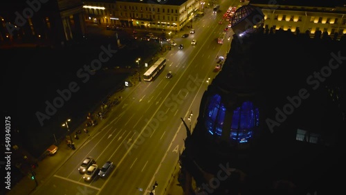Aerial view of the Kazan Cathedral in the historical and at the same time modern city of St. Petersburg at night summer day