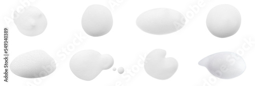 Set with drops of fluffy soap foam on white background. Banner design