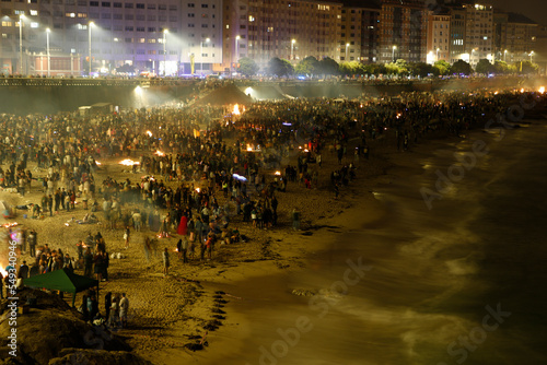 Bonfires of San Juan in La Coruna on June 23, 2022,, Galicia, feast of international Tourist Interest