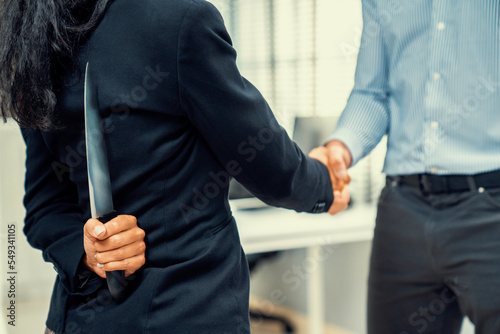 Vászonkép Back view of businesswoman shaking hands with another businessman while holding a knife behind his back