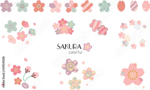 ポップでガーリーな桜のアイコン素材セット/カラフル　春・花・飾り・あしらい・かわいい