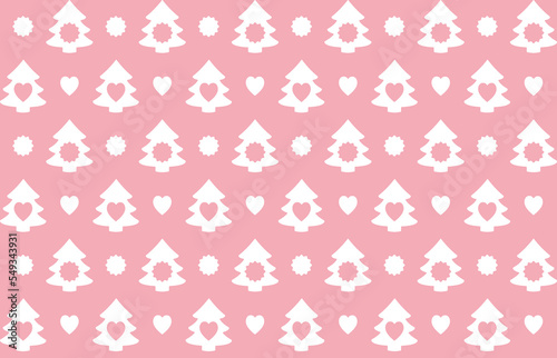 Seamless pattern for Christmas on a pink background with white elements(fir trees, stars and hearts). Vector illustration, winter background, can be used for wallpaper, pattern fills, fabric prints