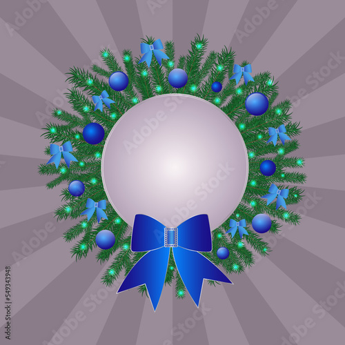 Wallpaper Mural Christmas wreath made of fir branches decorated with blue bows, lights and Xmas balls. Decorative round frame with space for your text. Greeting card for winter holidays. Vector illustration Torontodigital.ca