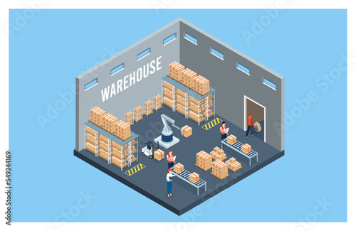 3D isometric logistics Warehouse Work Process Concept with Transportation operation service, Export, Import, Cargo, Forklif, Delivery Truck. Vector illustration EPS 10