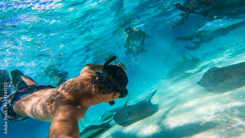 Men snorkeling sea with stingray and shark 2 photo