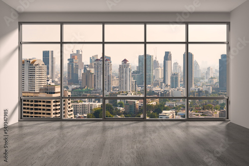 Empty room Interior Skyscrapers View Bangkok. Downtown City Skyline Buildings from High Rise Window. Beautiful Expensive Real Estate overlooking. Day time. 3d rendering. © VideoFlow