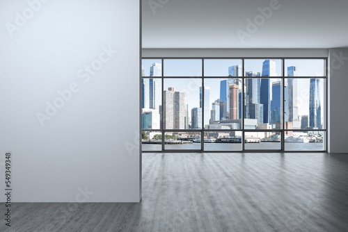 Midtown New York City Manhattan Skyline Buildings from High Rise Window. Mockup white wall. Real Estate. Empty room Interior Skyscrapers View Cityscape. Day time. Hudson Yards West Side. 3d rendering