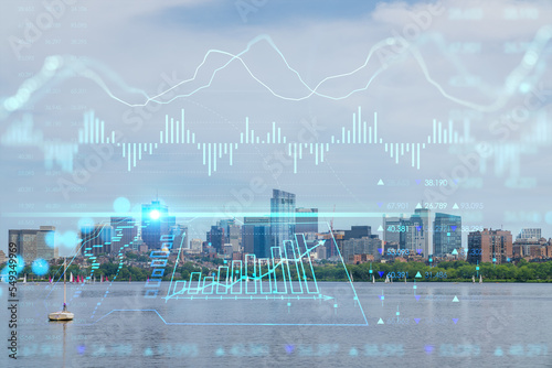 Panorama skyline, city view of Boston at day time, Massachusetts. Building exteriors of financial downtown. Glowing FOREX graph hologram. The concept of international trading and fundamental analysis