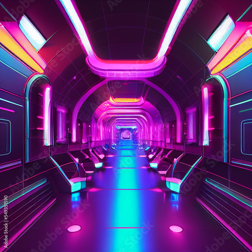 Futuristic Architecture Interior Corridor with Neon Glowing Lights