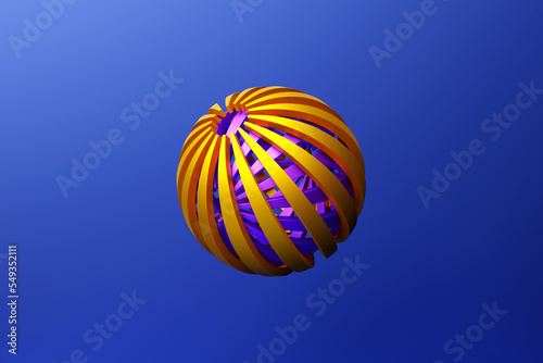 3D illustration of a    yellow  sphere  with many  faces and holes   on a blue  background.  Cyber ball sphere