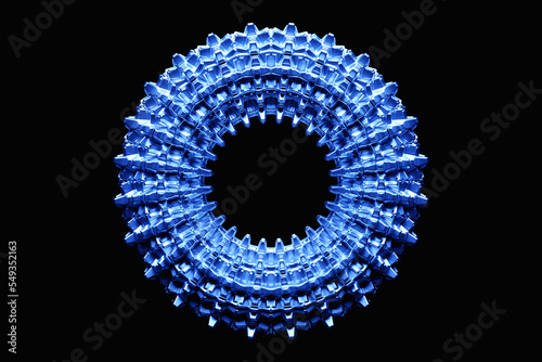 Blue futuristic neon torus donut on black isolated background. 3D rendering