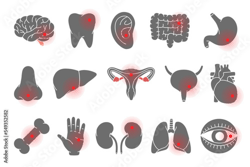 Human organs pains. Brain, tooth, ear, intestines, stomach, nose, liver, bladder, heart, bone, hand, kidneys, lung, eyeball icons. Different body ache