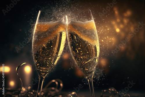 Fototapeta Two glasses of champagne touching each other and toasting at night New Year's pa