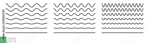 Squiggle, zigzag line pattern. Wiggly, wavy, ripple, wave line, black underlines, smooth and squiggly horizontal curvy squiggles. Vector illustration isolated on white background. EPS 10.