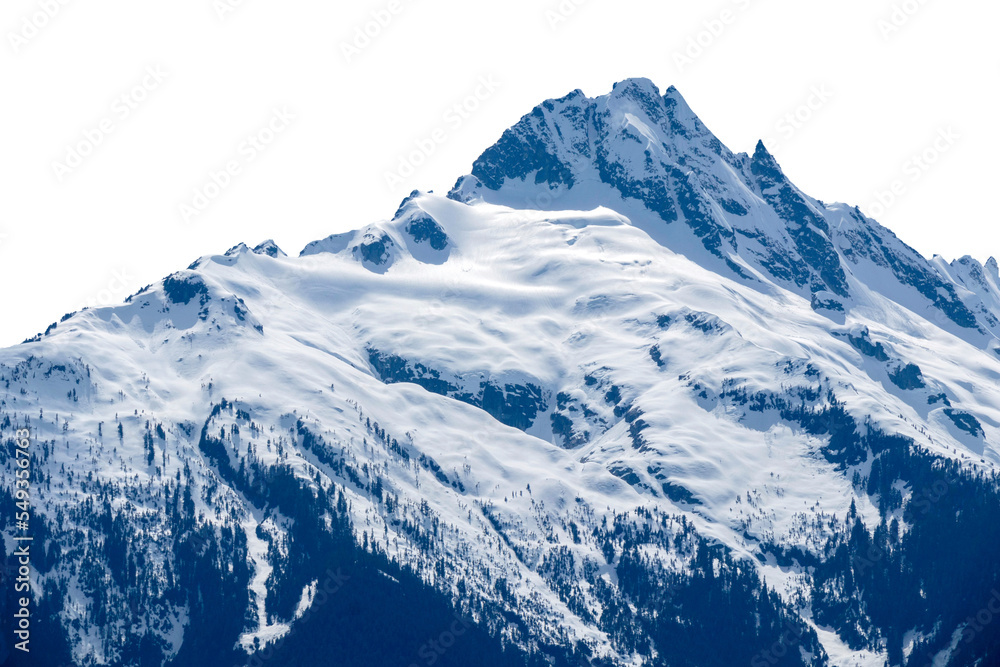 Mountain winter landscape. Mountain covered by ice, snow and trees. PNG transparent image.