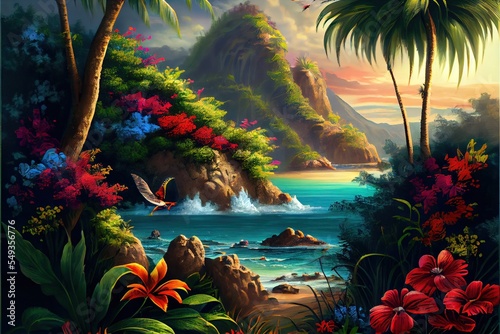 Computer-generated image of an idyllic tropical Hawaiian paradise. Gorgeous landscape digital oil painting with bright and colorful flora and crystal blue ocean water