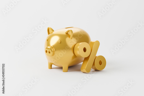 Gold color percentage icon and piggy bank on white background. 3d illustration