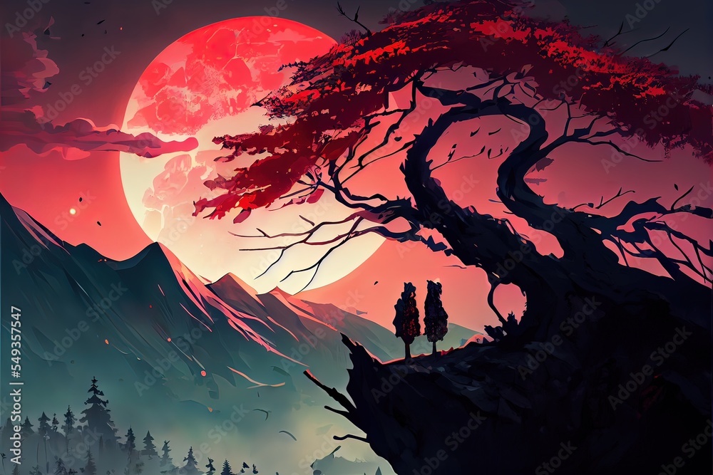 Dark red moon night of Desert 2K wallpaper download