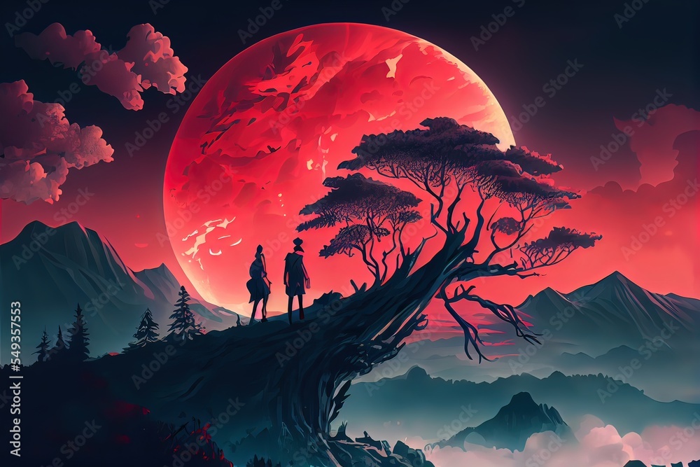 Mountain and clouds digital wallpaper two anime character standing on wood  branch facing mountain and red moon illustrationGenerative AI Stock  Illustration  Adobe Stock