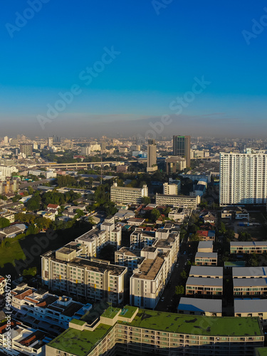 Aerial view metropolitan city office building morning sky