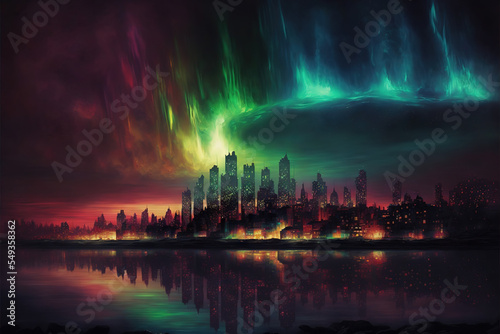 Aurora Borealis over City Skyline, AI Generated Illustration