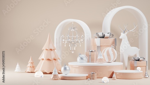 3D render cylinder podium in christmas Santa Claus and christmas tree, gift boxes, ribbon, product, perfume, promotion sale, presentation, cosmetic on background color .
