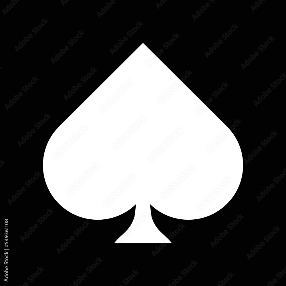 Spade suit icon, white spades sign, black stencil of card suit, black silhouette. Poker playroom, card game and trick, poker tournament. Vector icon, sign, symbol for UI and Animation Spade suit icon, white spades sign, black stencil of card suit, black silhouette. Poker playroom, card game and trick, poker tournament. Vector icon, sign, symbol for UI and Animation