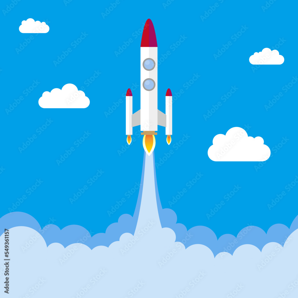 Fototapeta premium 新しい挑戦のスタートです。絵本に出てくるようなレトロなロケットが大空に向かって打ち上げられています。