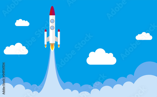 新しい挑戦のスタートです。絵本に出てくるようなレトロなロケットが大空に向かって打ち上げられています。