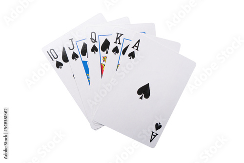 Playing cards isolated on white background. Hand of playing spades cards isolated. photo