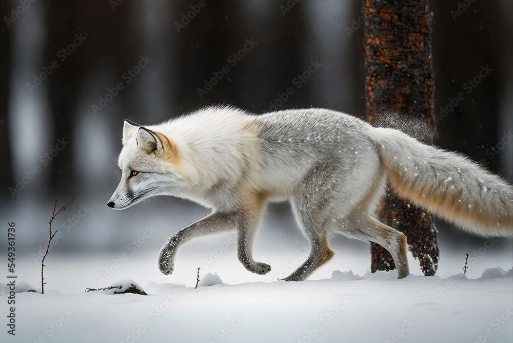 Fototapeta premium Arctic Fox stalking prey in snowy winter forest. Digital art