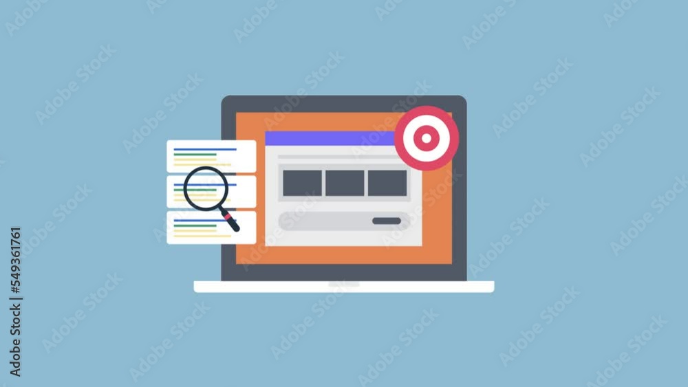 Website on laptop screen, magnifier on search ranking results, arrow hitting target - SEO success animation concept. Website on laptop screen, magnifier on search ranking results, arrow hitting target - SEO success animation concept.
