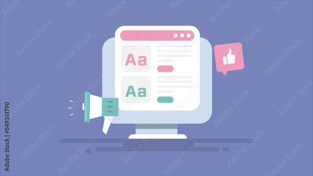 Blog content on computer screen, blog post promotion on social media 2d animation video.