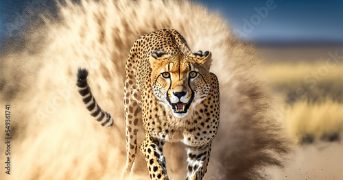 Fototapete A cheetah hunts in the savannah. Digital art