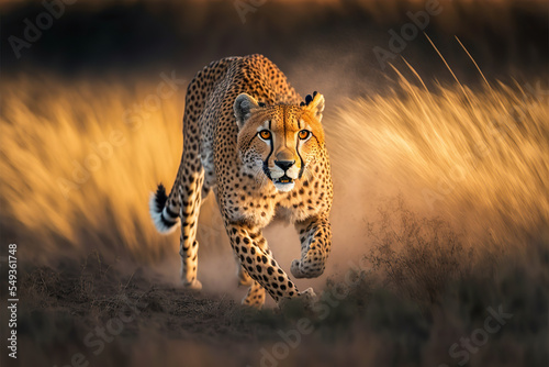 A cheetah stalks prey in the savannah. Digital art
