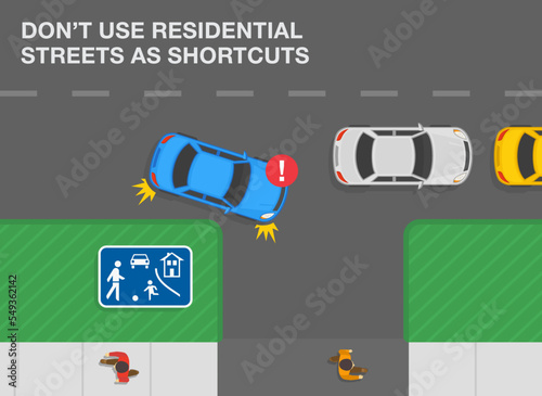 Safe car driving tips and traffic regulation rules. Top view of a blue sedan turns right on road to escape traffic jam. Don't use residential streets as shortcuts. Flat vector illustration template.