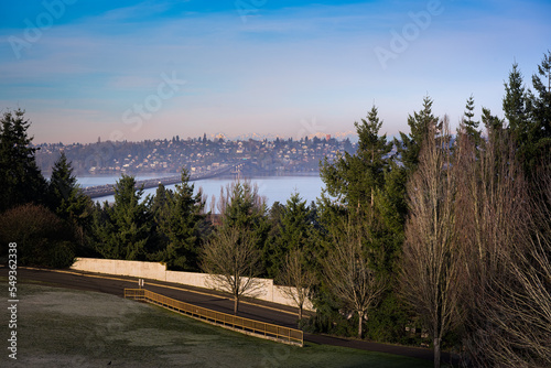 2022-11-25 VIEW OF SEATTLE SKYLINE AND LAKE WASHINGOTN WITH THE 1-90 BRIDGE FROM THE DECK LID PARK ON MERCER ISLAND WASHINGTON photo