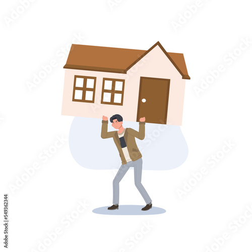 Too much expense to pay for debt and loan concept, tried depressed man carrying big expensive house. Overpay in real estate and house mortgage. Vector illustration.