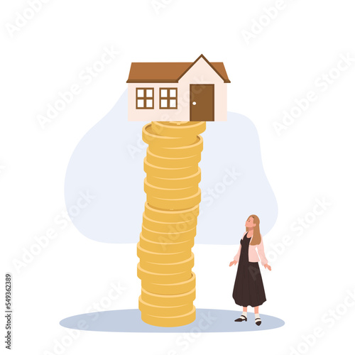 real estate or property concept. woman look up at the house on the top of stack of coin. High price house can't afford. Flat vector cartoon character illustration.