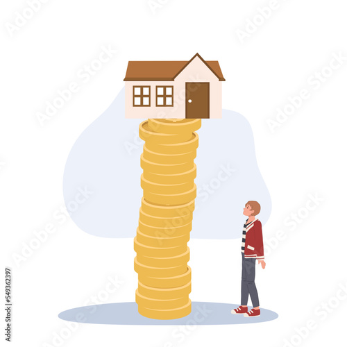 real estate or property concept. man look up at the house on the top of stack of coin. High price house can't afford. Flat vector cartoon character illustration.