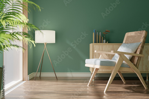 Modern vintage interior of the living room with green walls - 3D Rendering