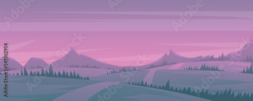 sunrise in the mountains Wide vision, mountain forest landscape and surroundings.