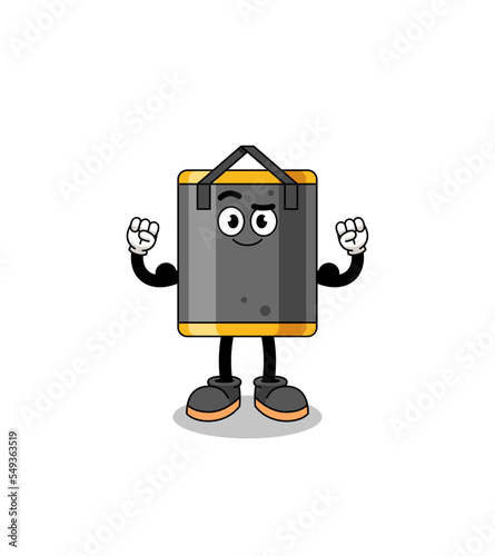 Mascot cartoon of punching bag posing with muscle