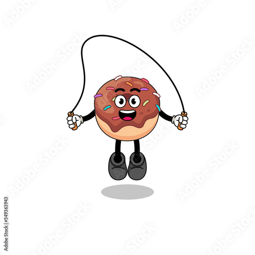 donuts mascot cartoon is playing skipping rope